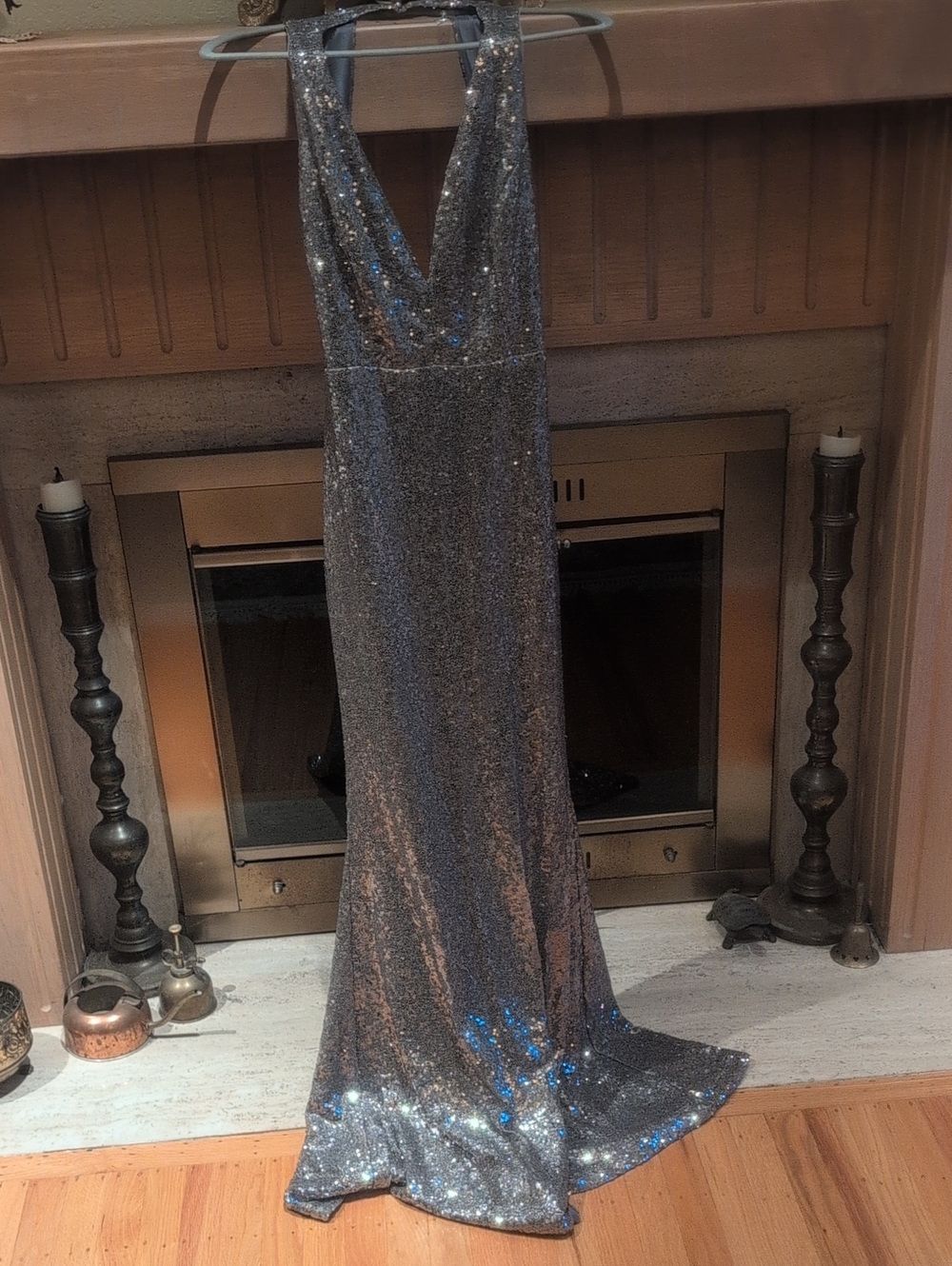 Lulu's Silver Sequin Halter Evening Gown